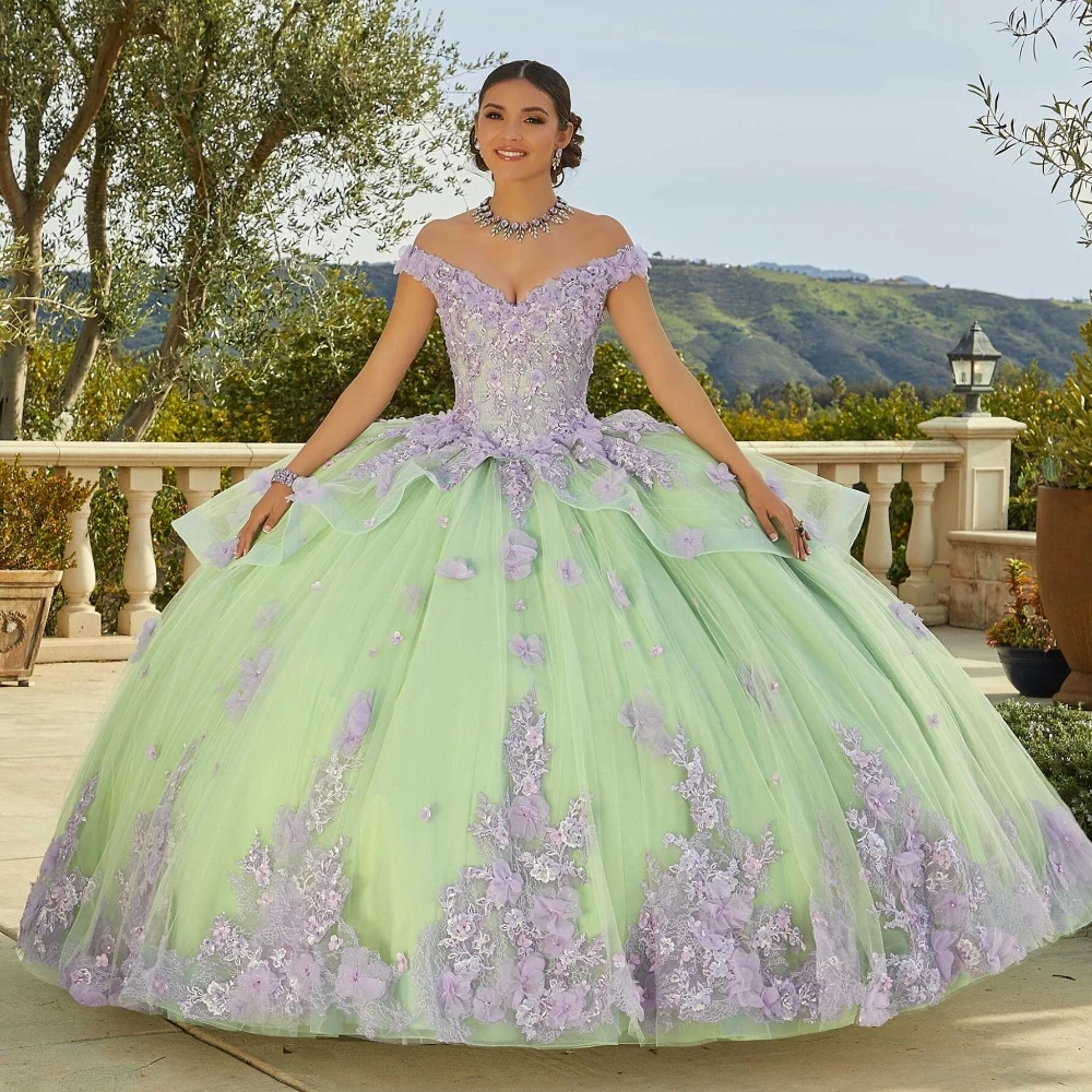 EVLAST-Vestido Quinceanera com flores 3D, vestido de baile azul, Beading Applique, Tule Glitter, Sweet 16, TQD106, 3D