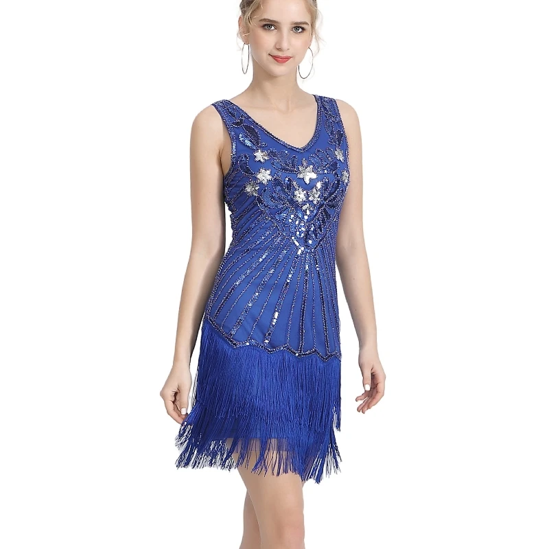 Women 1920s Flapper Dress V Neck Colorful Beaded Fringe Dress Great Gatsby Sequin Dress Roaring 20s Speakeasy Party Costume