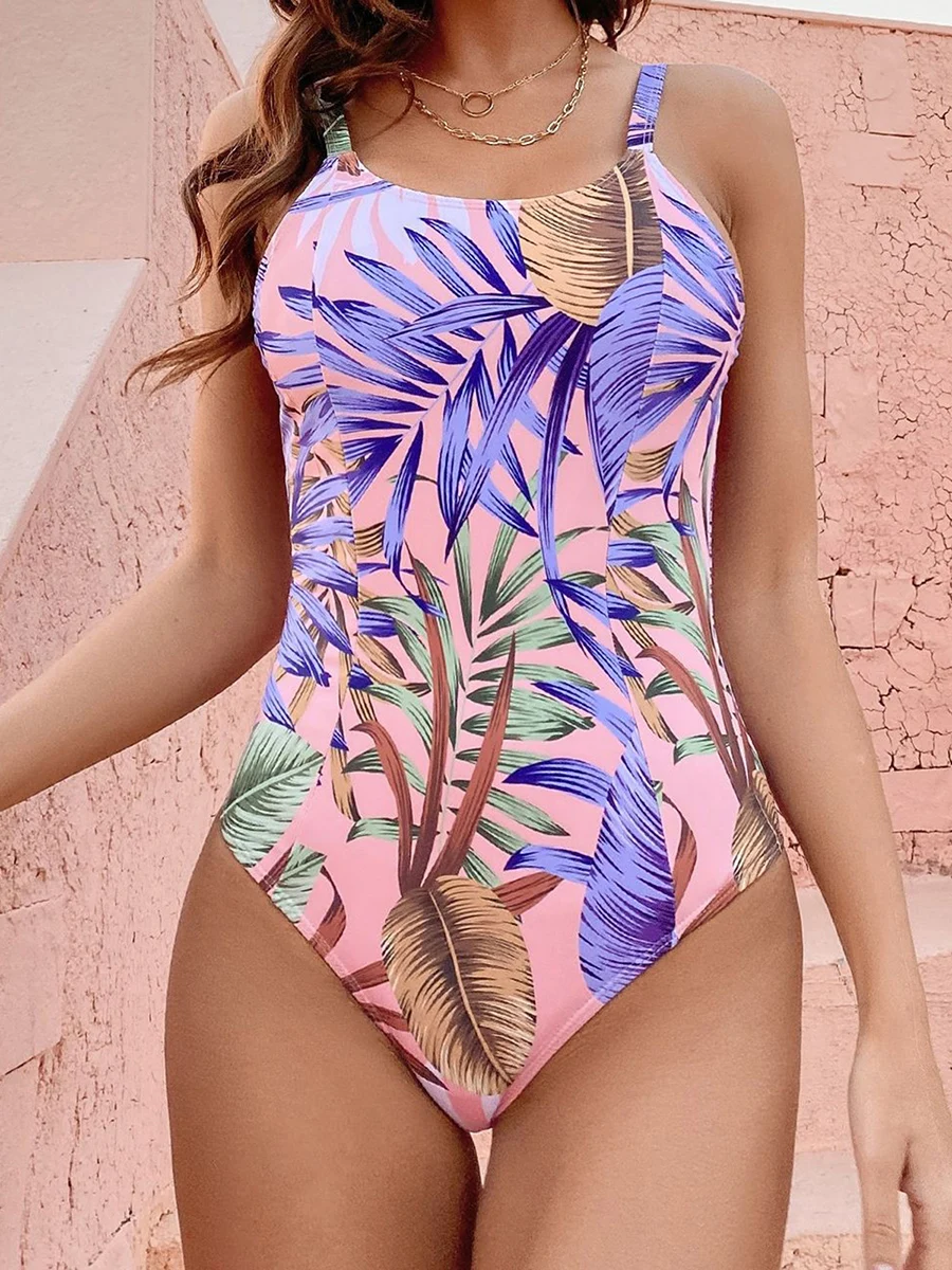 

Women's Summer Romper Swimwear Sleeveless Leaf Print Bathing Suit Monokini Swimsuit
