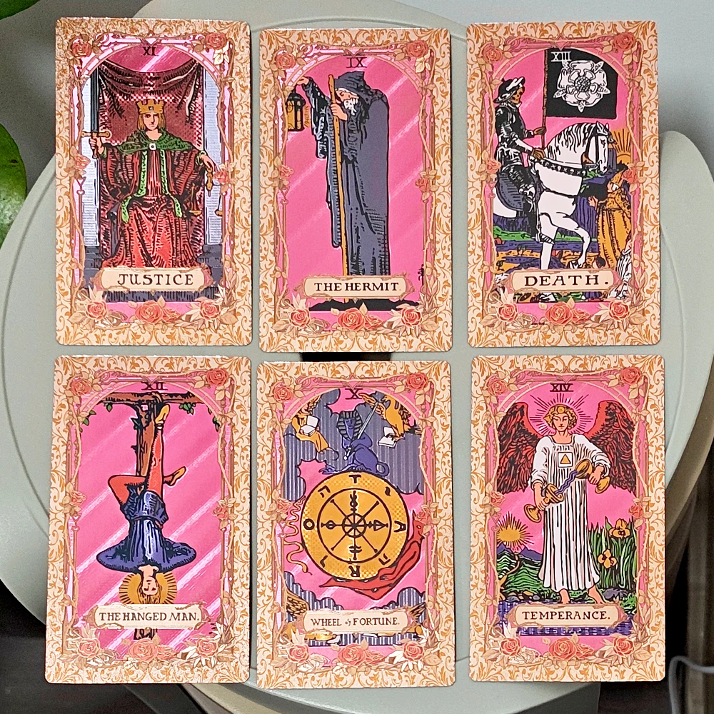 Waterproof Durable PET Plastic Tarot Pink & Rose Gold Foil Tarot Cards 78-Card Deck with Box 12x7cm