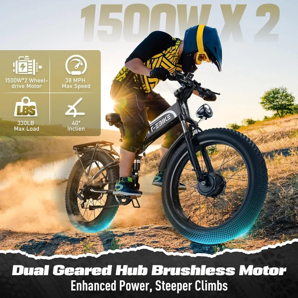 3000W Electric Bike Adults 40 MPH with 52V 28AH Battery, 26 inch Fat Tire Mountain E Bike, Folding Ebike,7-Speed Gear