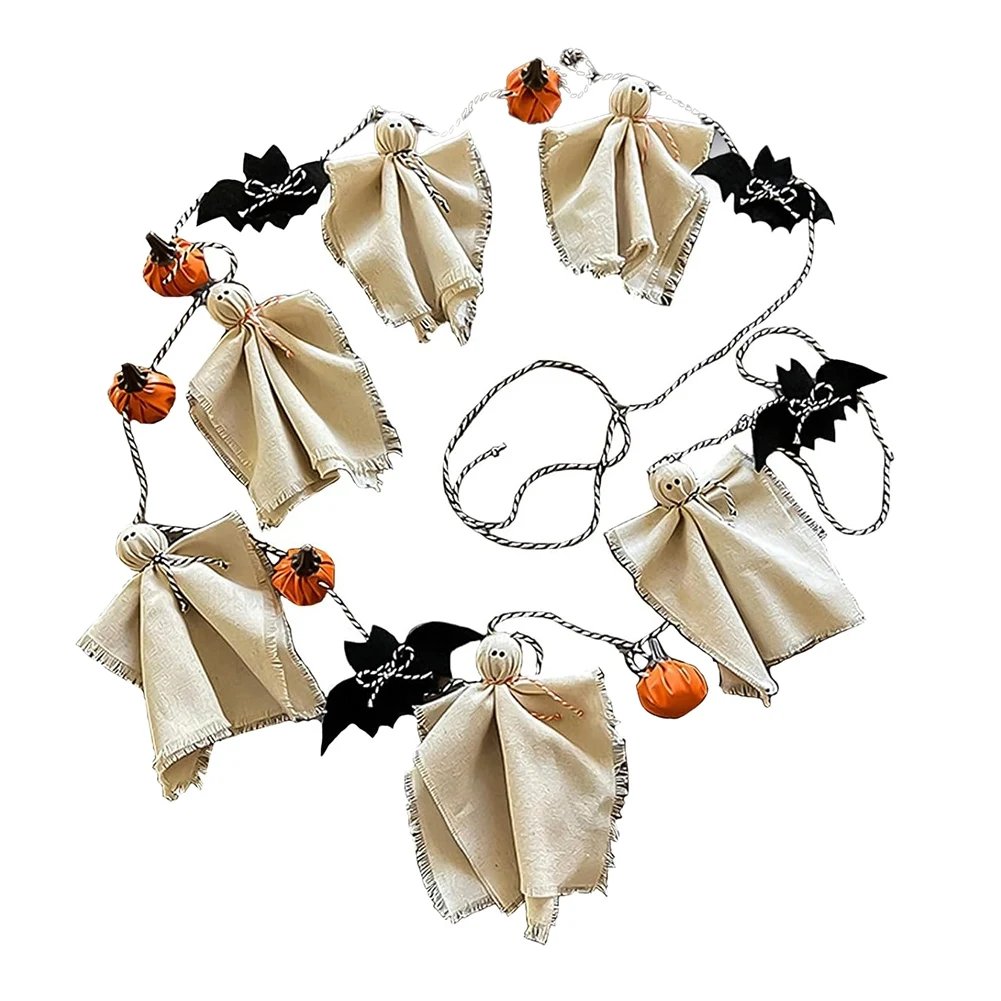 Ghost Garland Halloween Cute Cotton Ghosts & Bat Pumpkin Banner Handmade Rustic Wall Decor for Frame Door Window