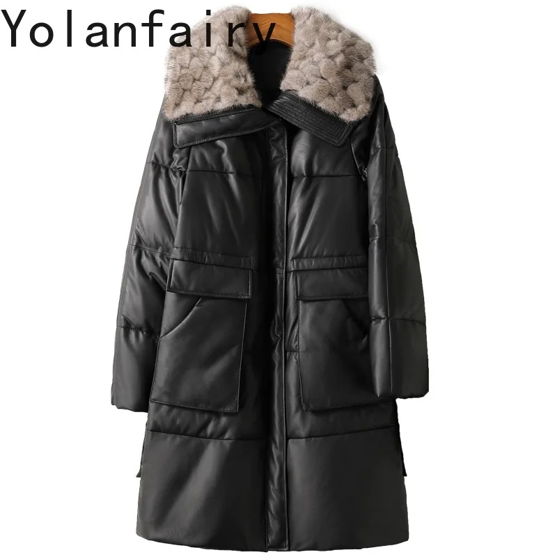 Chaqueta de piel de oveja auténtica para mujer, abrigos largos ajustados de plumón de ganso blanco, Cuello de piel de visón, calidad superior, Invierno