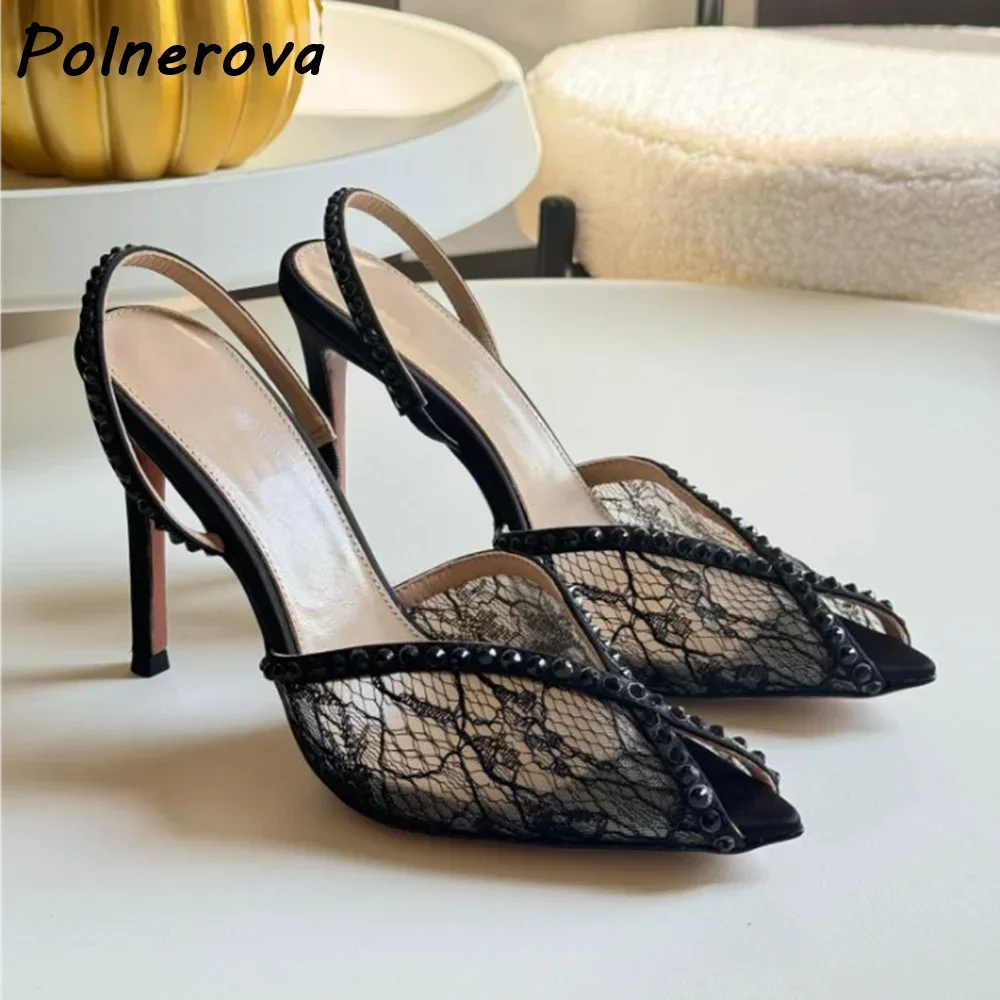Lace Rhinestone Sandals Slingback White Black Peep Pointy Toe Ankle Band Women\'s Shoes Elegant Summer Solid Party Shoes 2025 - view 6