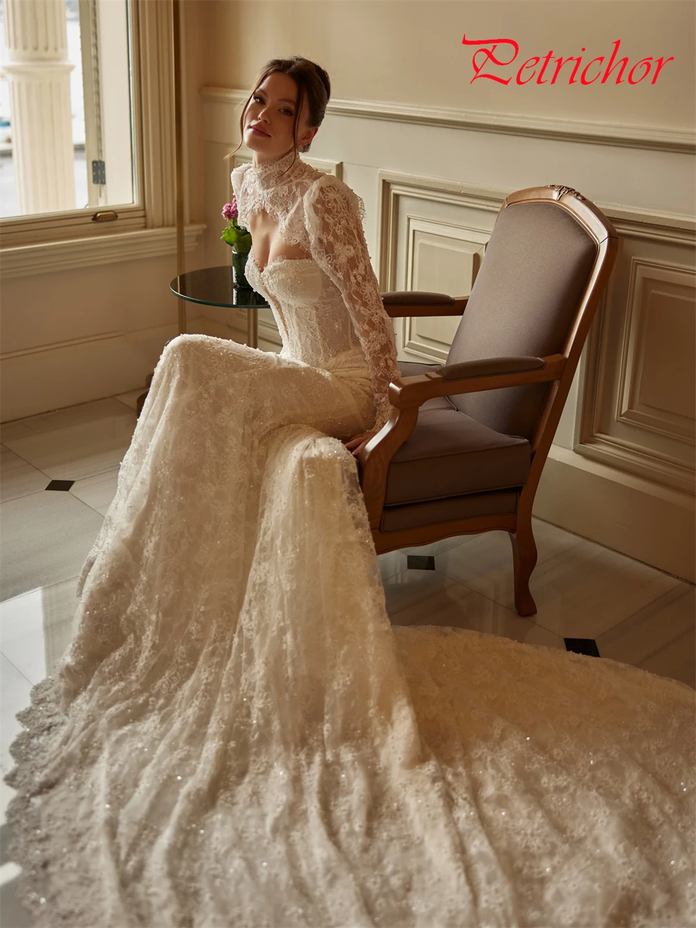 فستان زفاف بوهو عاجي مخصص من الدانتيل كلاسيكي على شكل قلب بدون أكمام زي العرائس حالمة حورية البحر ذيل محكمة فيستدو دي نوفيا