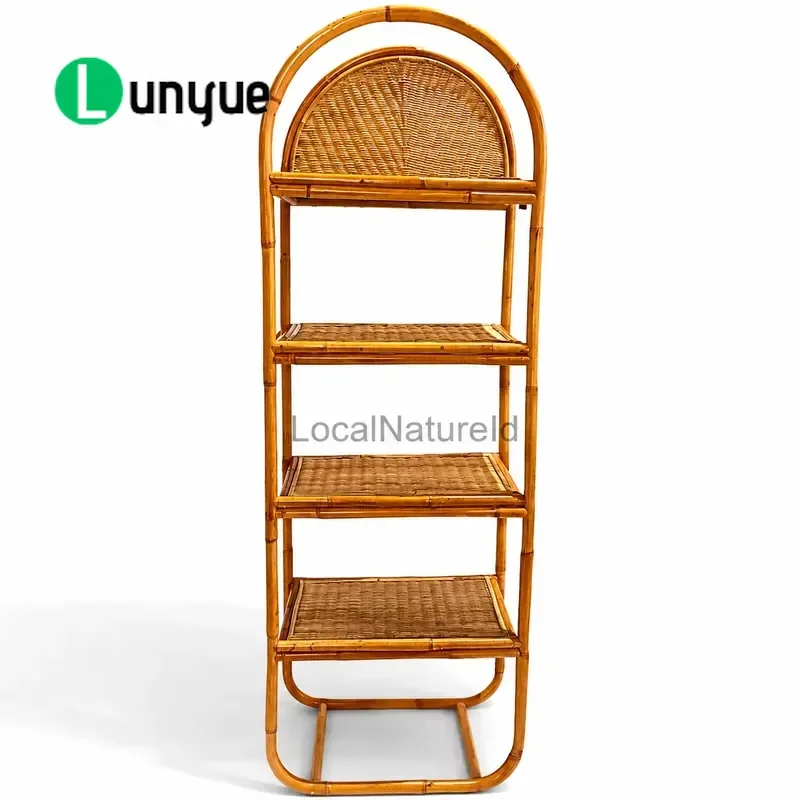 Modern 4 Tier Rattan Bookcase Woven Wooden Frame Arched Storage Rack for Home Living Room Decoration Furniture