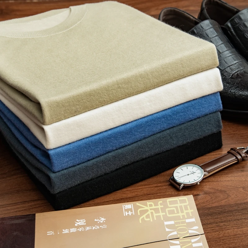 High quality men's 100% pure cashmere T-shirt, business casual knitted sweater, short sleeved round neck Tees18 needle spun Tops