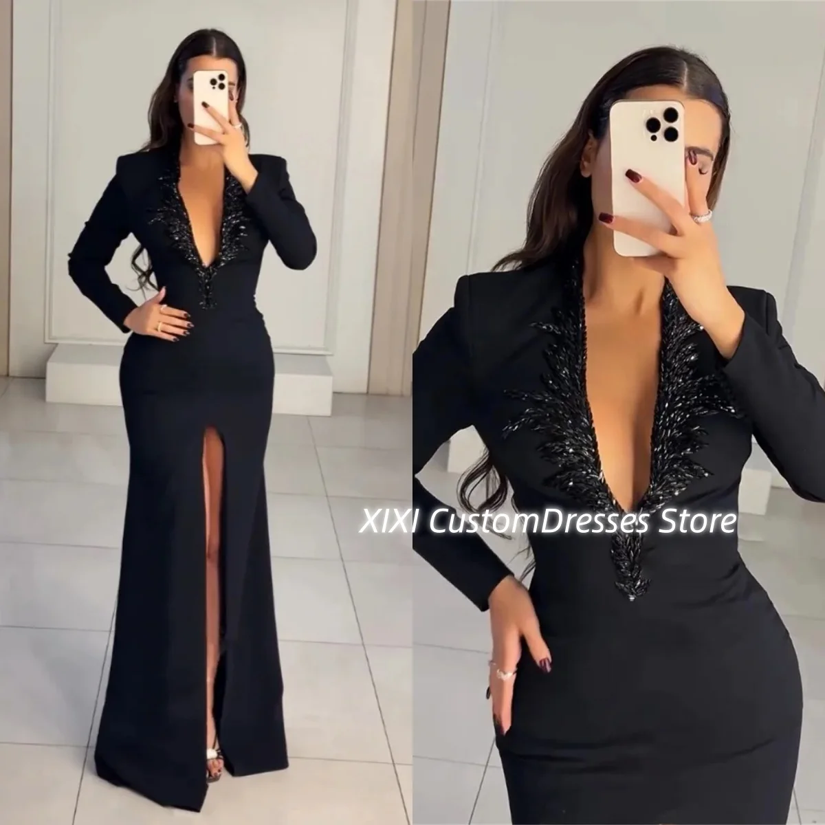 

A-Line Vestidos De Festa Split Customize Dress Women Elegant Luxury Beadings Floor-Length Zipper Gala Dresses Woman Long Sleeves