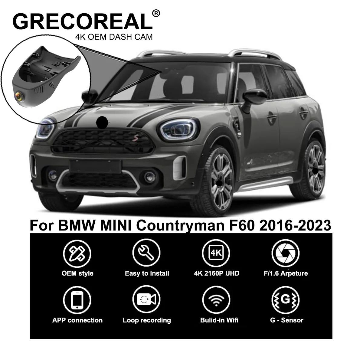 

GRECOREAL 4K Dash Cam Front and Rear WiFi 2160P Car Dual Dashcam APP Control Plug Play Compatible with BMW MINI Countryman F60