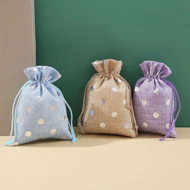 50pcs/Lot 10*14, 13*18cm Silver Dots Pattern Cotton Linen Fabric Bag Drawstring Christmas Gift Pack Bags Wedding Party Pouches