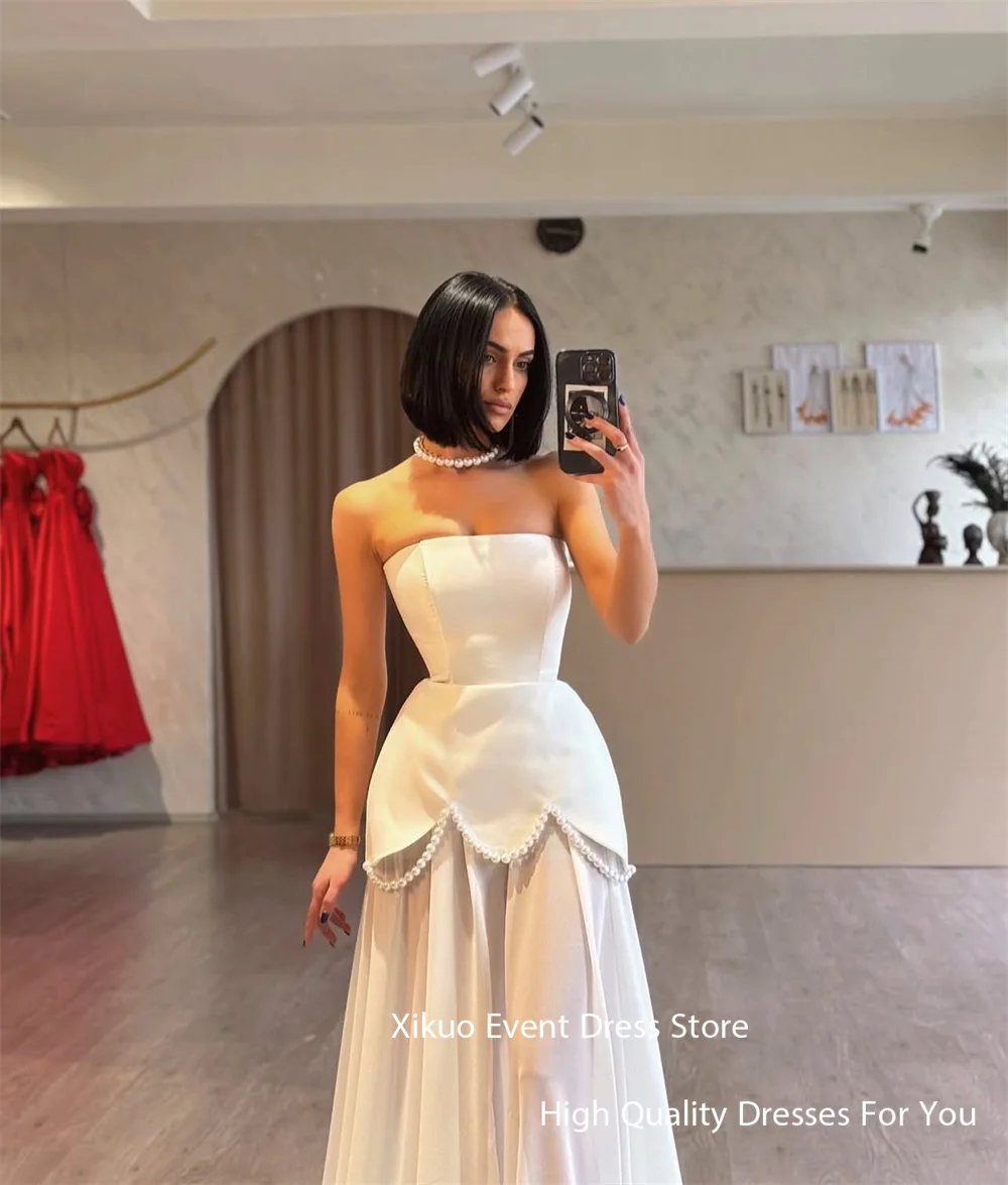 Xikuo Elegant Satin Ivory Wedding Dress Strapless A Line  Pearls Bridal Gowns Saudi Arabric Illusion Vestido De Novia Customized