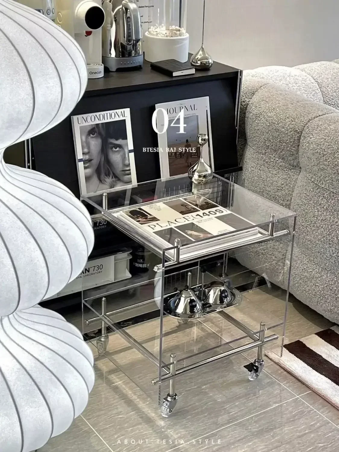 

Прозрачная акриловая тележка Ins Style Журнальный столик для хранения в гостиной Мобильная прикроватная тумбочка Стеллаж для хранения