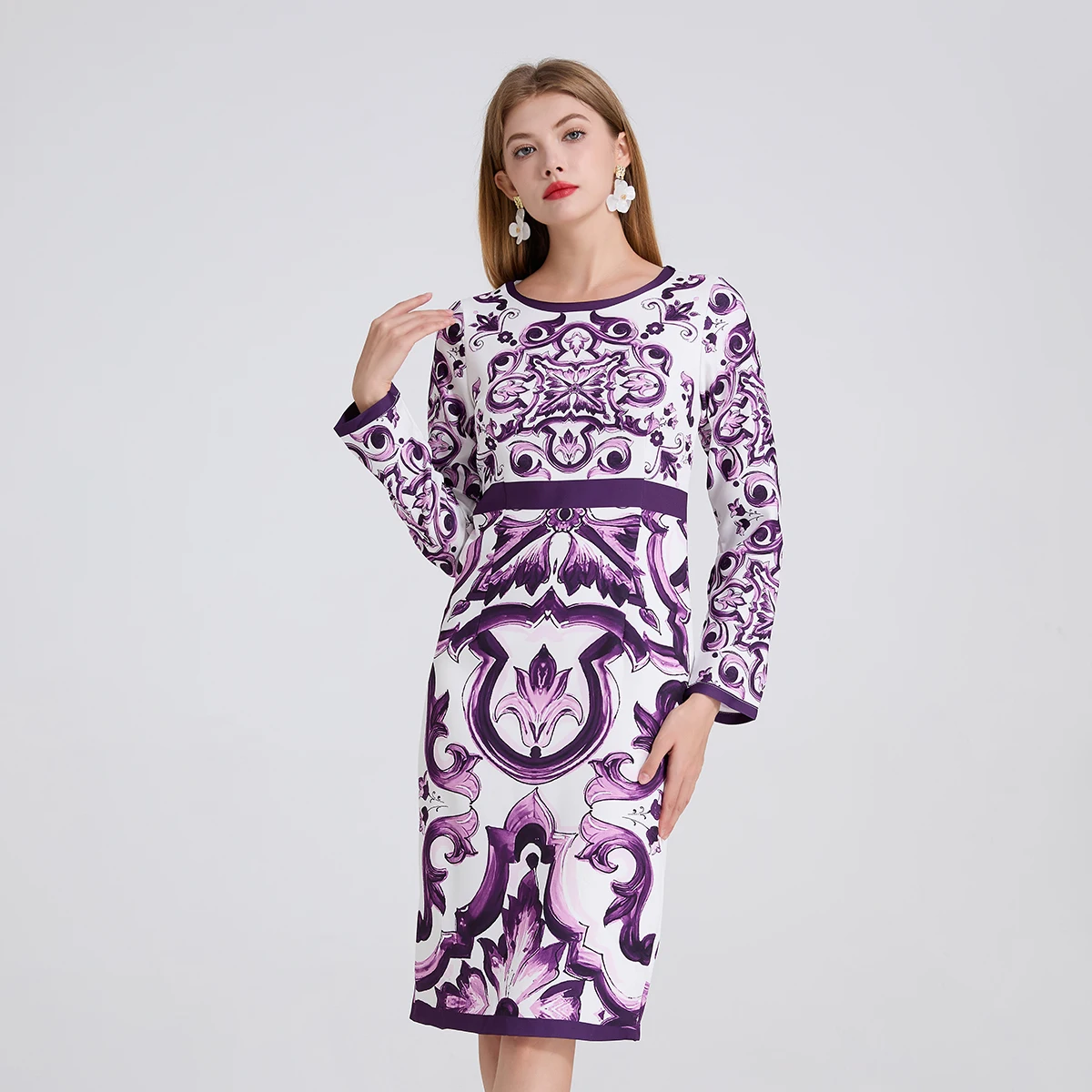 

Fashion Summer Holiday Blue And White Porcelain Print Bodycon Dress Women's O-Neck Long Sleeve Party Vestidos Female Clothing
