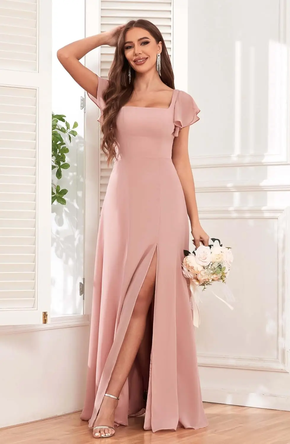 Vestidos de dama de honor de manga corta para boda, cintura imperio, línea A, vestidos formales largos de gasa con hendidura