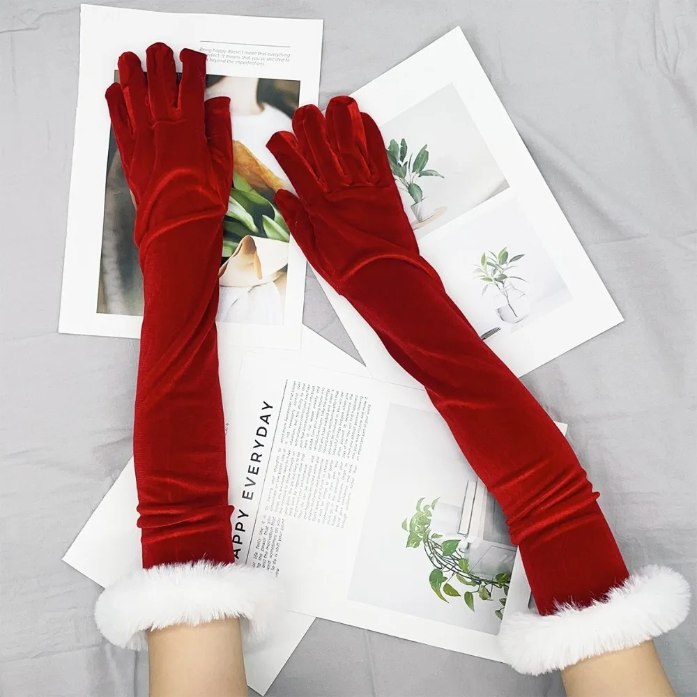 

New Cosplay Christmas Gloves Elastic Velvet Etiquette Mittens Red Winter Long Gloves