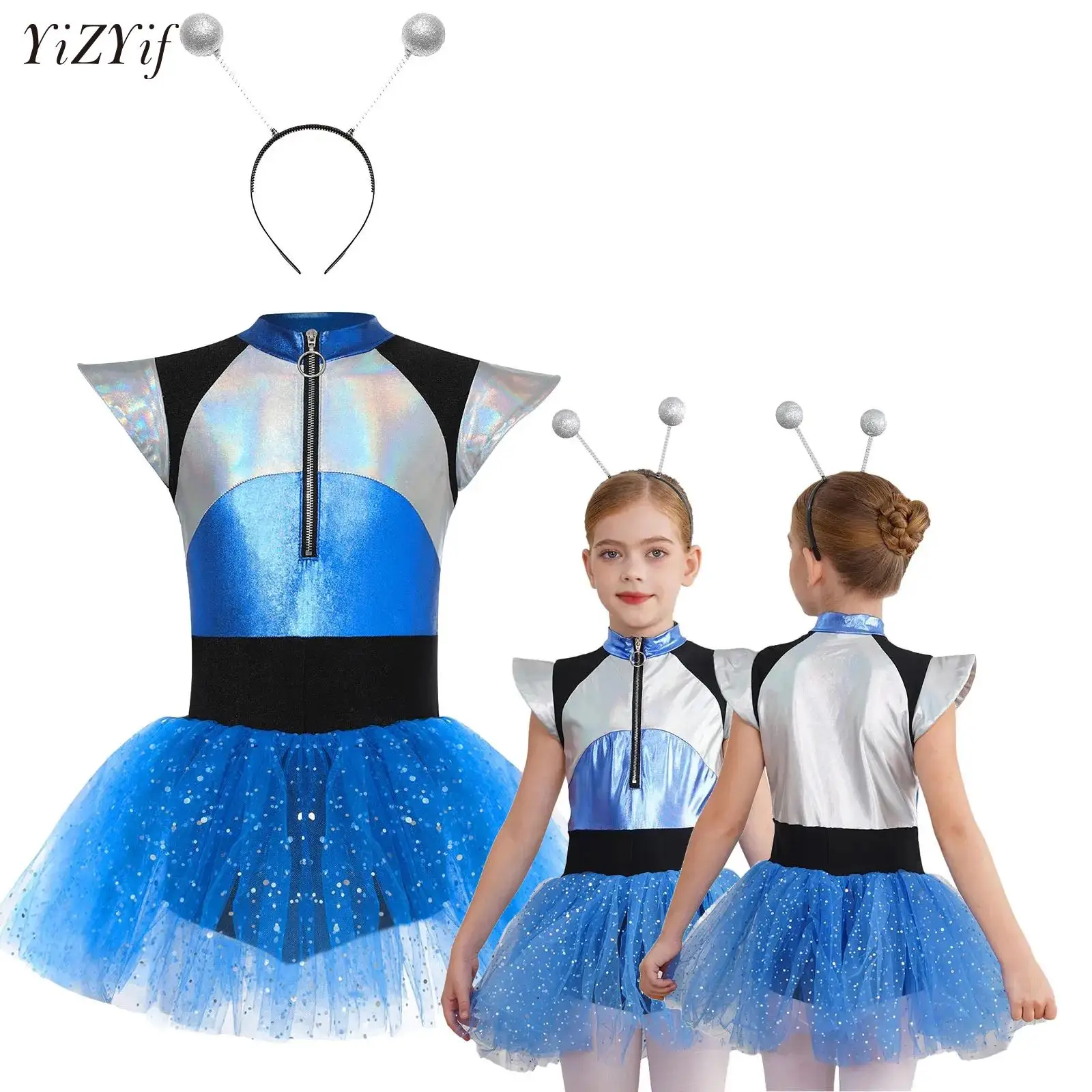 

Teens Girls Halloween Alien Cosplay Costume Bright Mesh Tulle Tutu Ballet Dress Dancewear Astronaut Space Cadet Dress+Hair Hoop