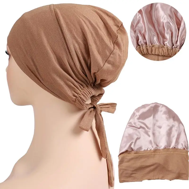 Double Layer Satin Seda Jersey Hijab Cap para Mulheres Muçulmanas, Hijabs Inner, Turbante com Underscarf Suave, Bonnet Tie