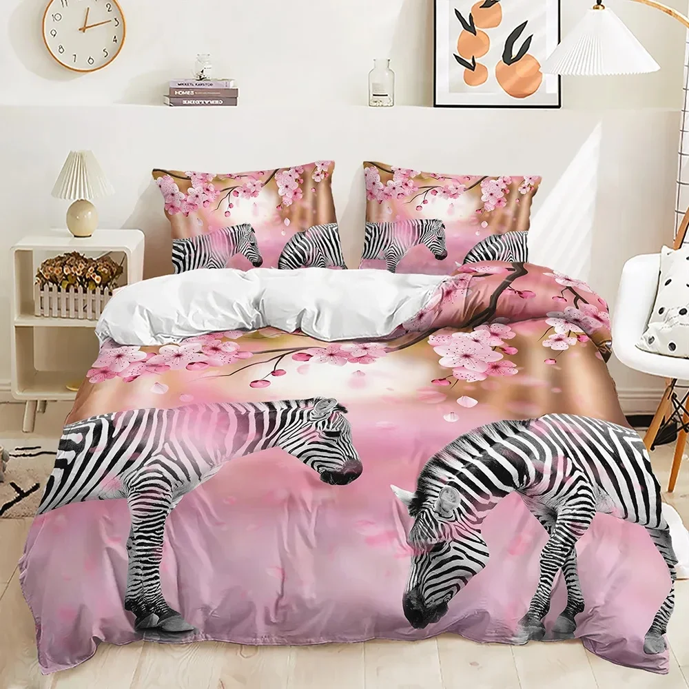 Beautiful Sakura Zebra Horse Bedding Set Cherry Blossom Animal 3D Print Quilt Cover Pillowcases Full Queen King Duvet Cover Sets