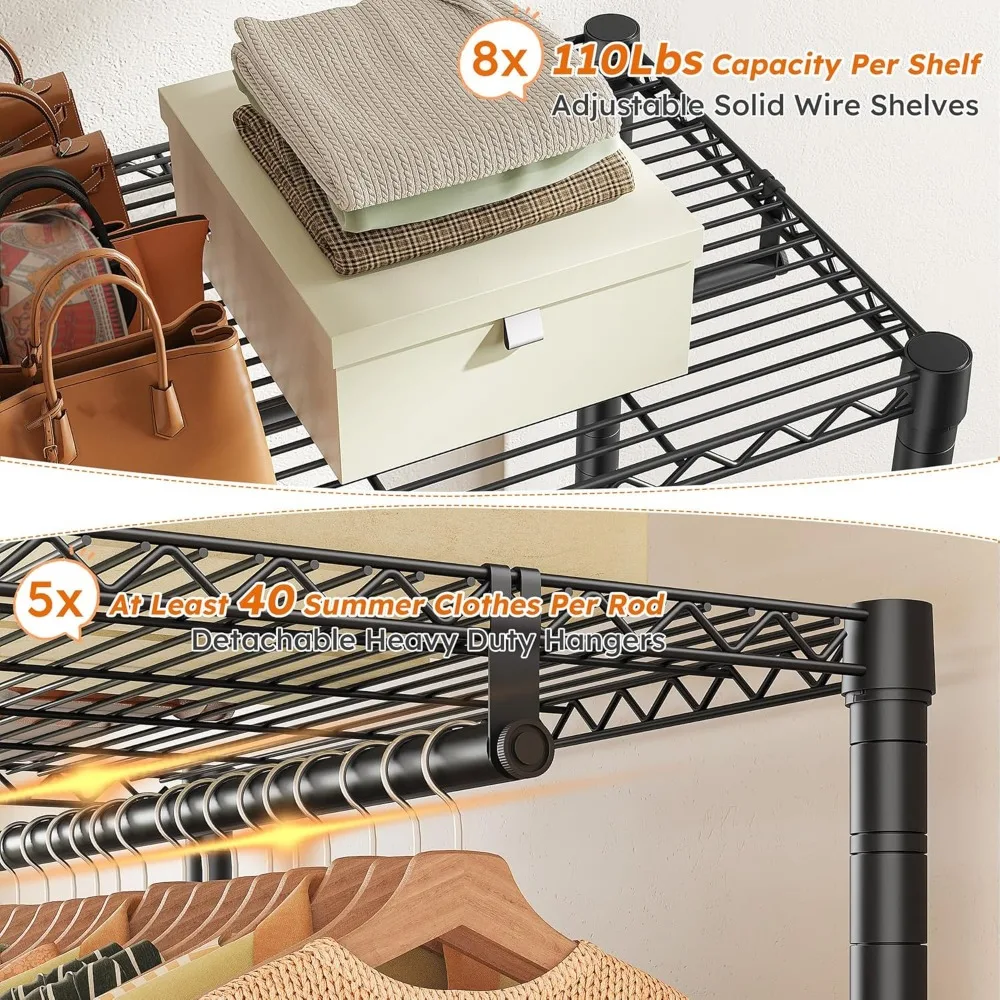 رف ملابس عالي التحمل قابل للتعديل مع أرفف لتعليق الملابس، أقصى حمولة 90 رطل، حل تخزين الملابس موفر للمساحة