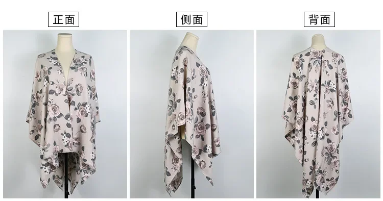 New Colorful Rose Print Imitation Cashmere Split Shawl Thickened Warm Cloak Autumn and Winter Shawl