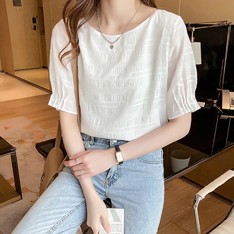 2024 Summer New Women Korean Niche Simplicity Solid Color Comfortable Sweet Westernization Appear Thin Short Sleeved T-shirt