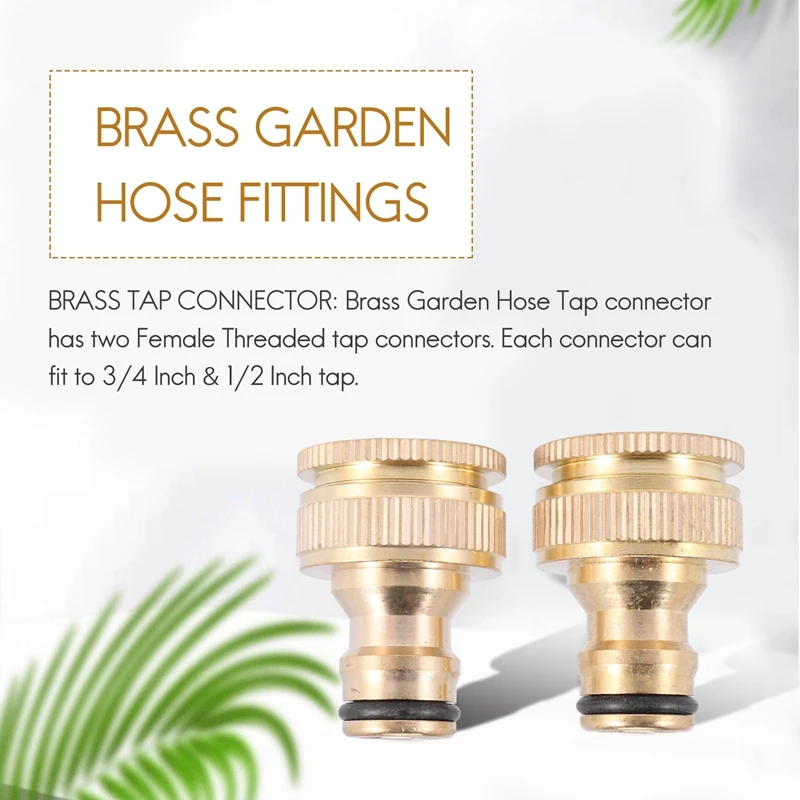 2 Pack Brass Garden Hose/Hosepipe Tap Connector 1/2 Inch And 3/4 Inch 2-In-1 Female Threaded Faucet Adapter