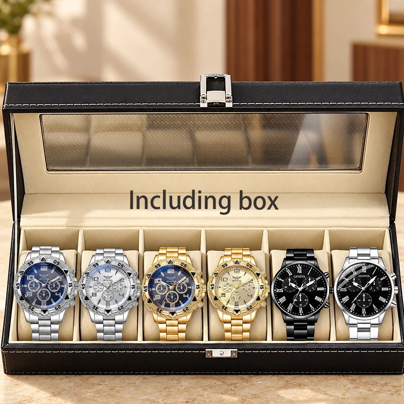 6Pcs Men Chronograph Quartz Wrist Watch Set With 6 Slots PU Leather Watch Box Multi Style Male Wristwatch Collection Gift Set