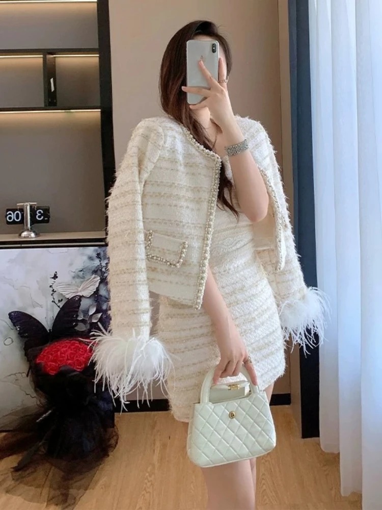 Elegant Socialite Coat Heavy Craft Fur Sleeve Spliced Diamond Round Neck Youthful Refined Shiny Thread Blouse Women Glossy Skirt