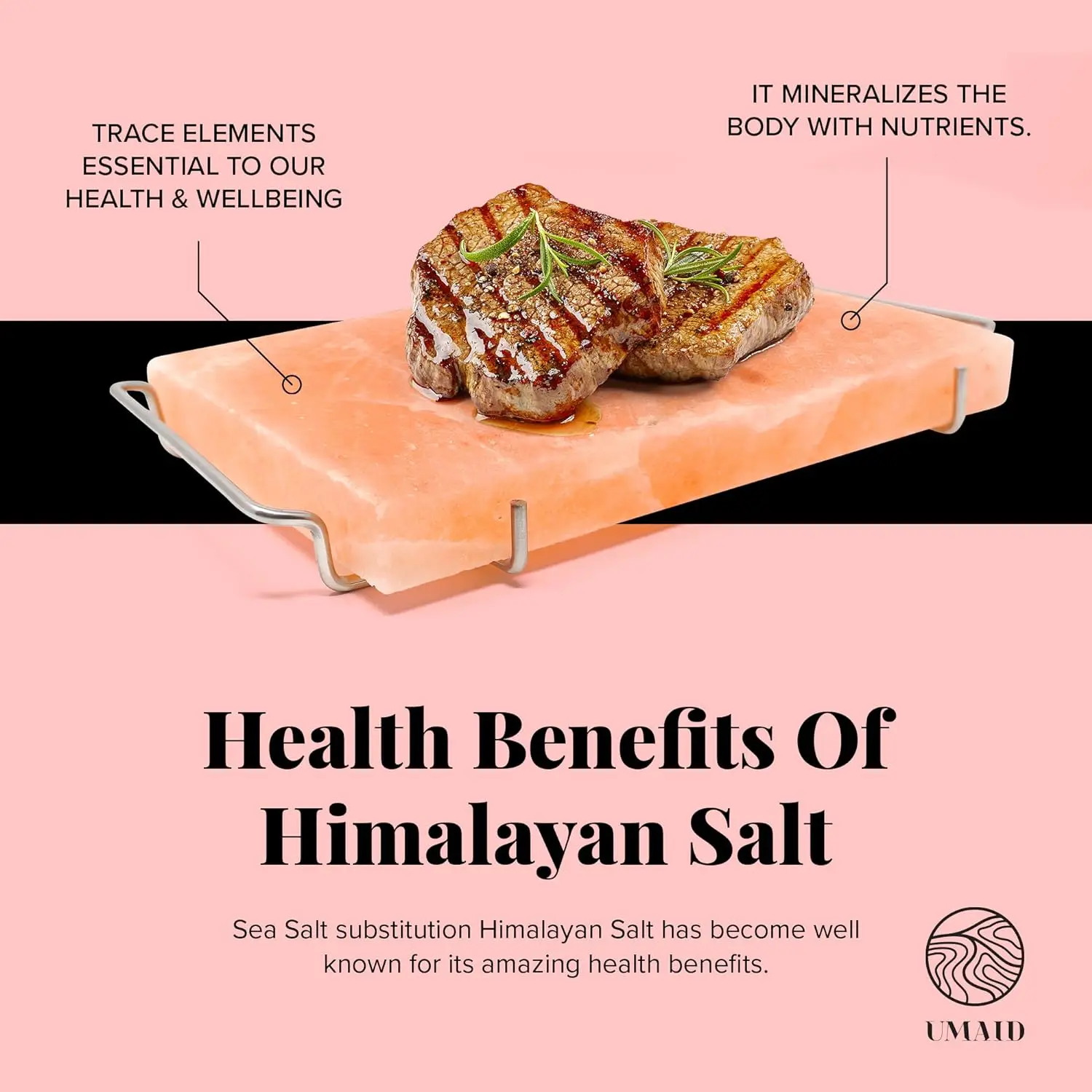 UMAID Himalayan Salt Block For Grilling, Cooking, Cutting and Serving,12X8X1.5 Food Grade Himalayan Pink Salt Stone on Stainless