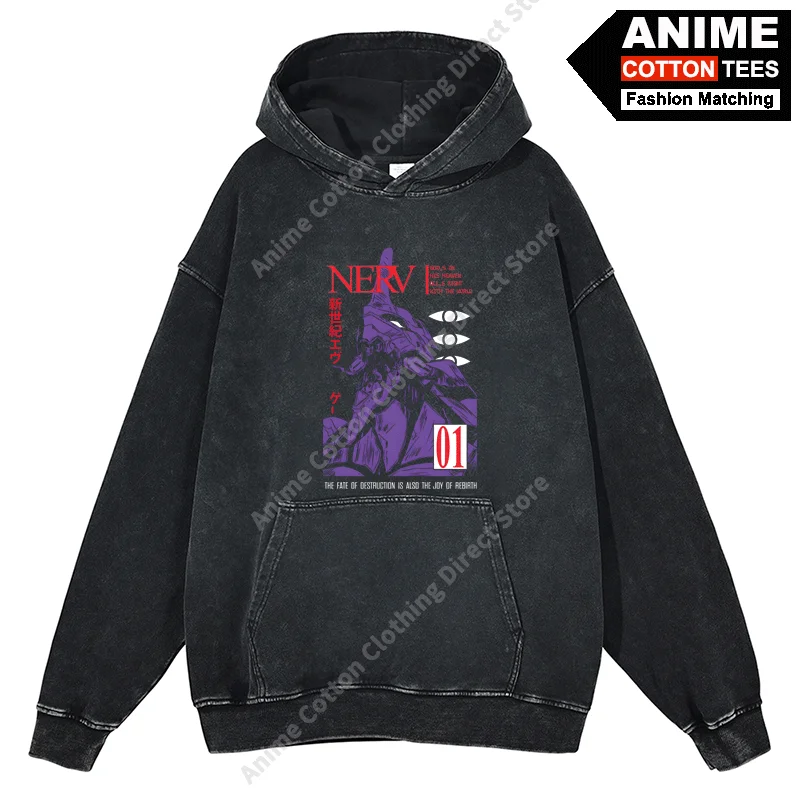 EVA-01/02/03 Anime NEON GENESIS EVANGELION Hoodies Cotton Washed Vintage Oversized Tracksuit y2k Unisex Loose Sweatshirt