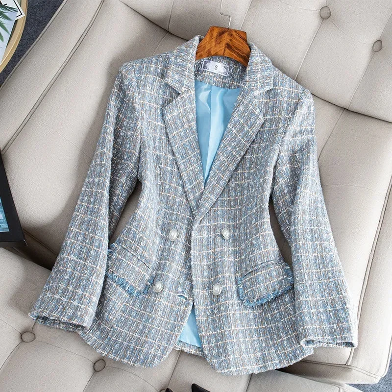 

2023 Spring Autumn Women Jacket Double-Breasted Lattice Tweed Woolen Coats Female Casual Thick Blazers Outerwear Ladies Suit 3XL