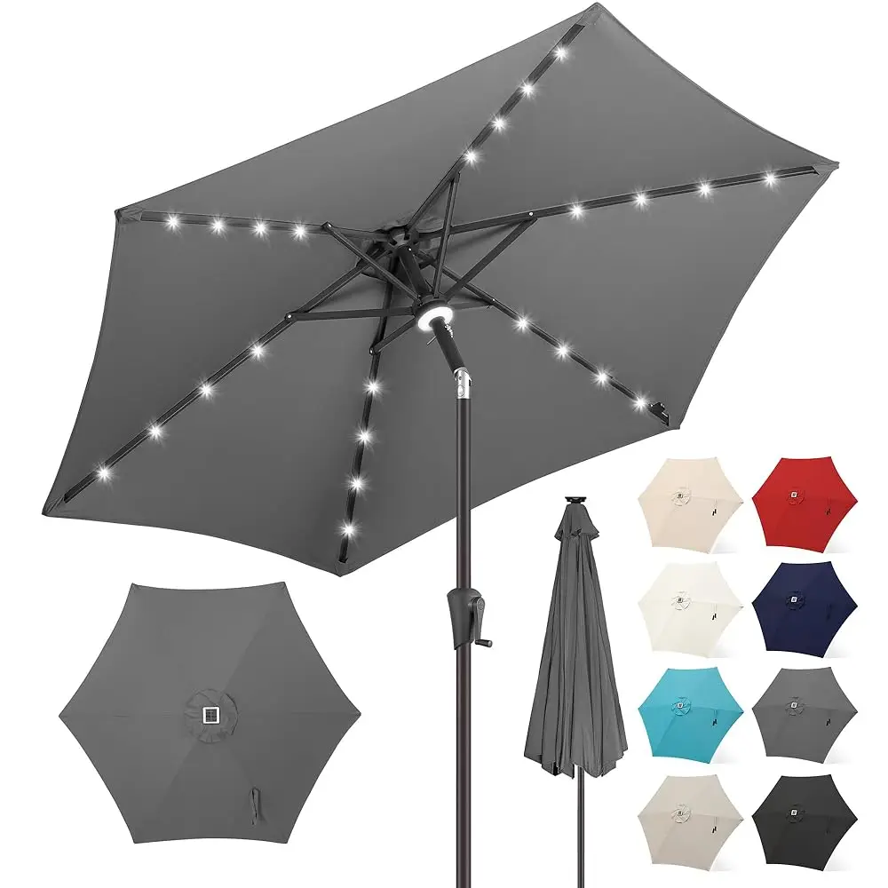 

7.5 Ft Solar Powered Outdoor Market Patio Table Umbrella With Led Lights And Tilt, Anthracite