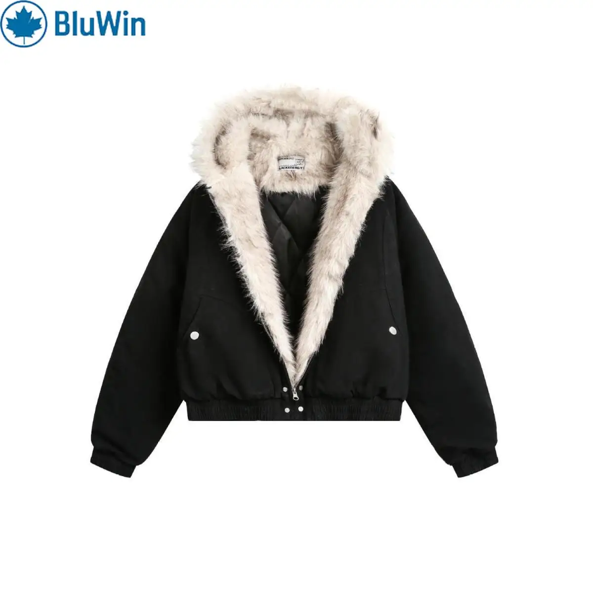 

BluWin Y2K Streetwear Bomber Jacket Unisex American Retro Fur Collar Winter Coat Thick Padded Workwear Outerwear