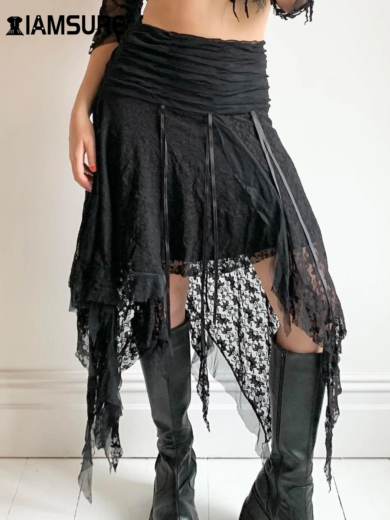 IAMSURE Gothic Patchwork Lace Fold Asymmetrical Skirt Dark High Waisted Ruffles A-Line Midi Skirts Women 2024 Fashion Streetwear