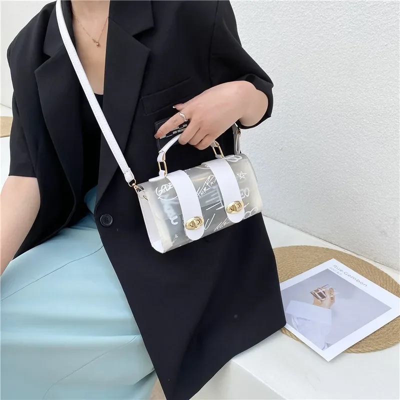 2023 Fashion Women Transparent Montage Pattern Shoulder Bag Hardware Chain Strap Color Block Messenger Handbag Composite Tote