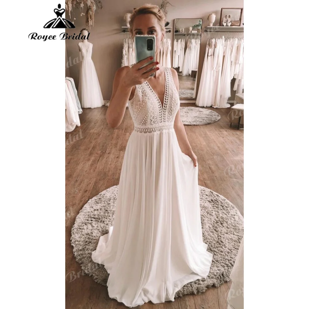 2027 Boho A‑Line Wedding Dress Deep V Neck Sleeveless Crochet Lace Bodice Chiffon Vestido De Novia Customized