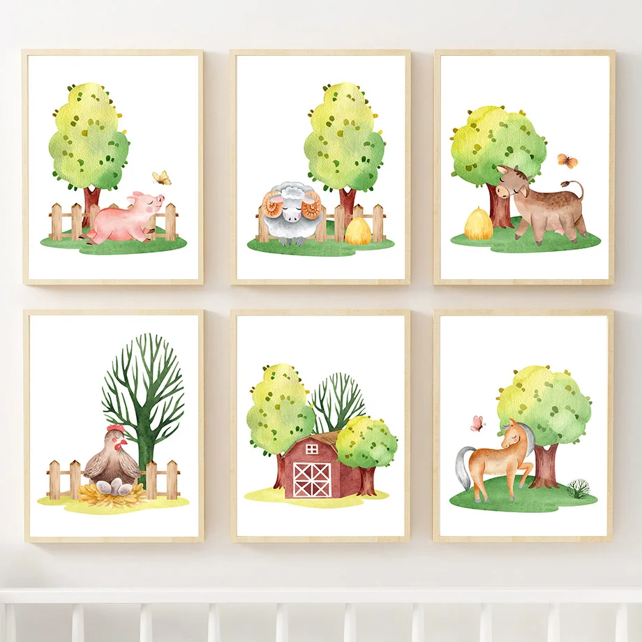 Aquarell Rinder Schaf Pferd Schwein Huhn Nutztiere Wandkunst Leinwand Malerei Poster und Drucke Bilder Baby Kinderzimmer Dekor