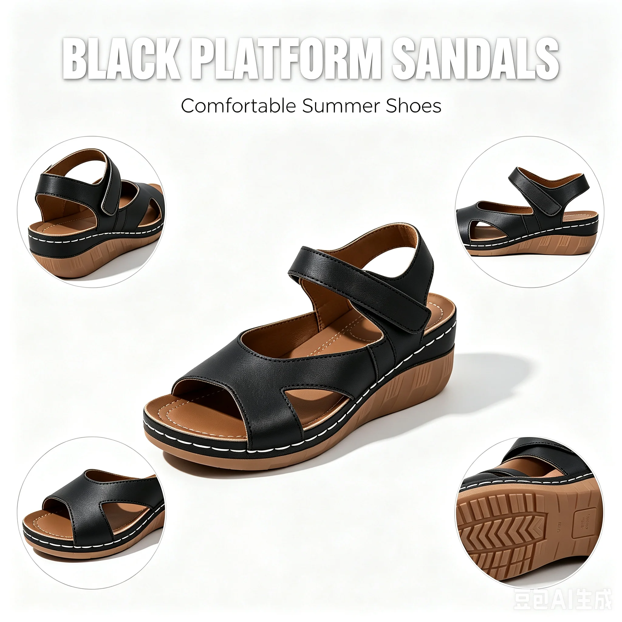 Women's Open Toe Wedge Platform Sandals Adjustable Hook Loop Ankle Strap Faux Leather Comfortable Breathable Arch Support Soft Padded Insole Non-Slip Rubber Sole Lightweight Dressy Casual Summer Daily Walking Beach Vacation Outdoor Footwear Black White
