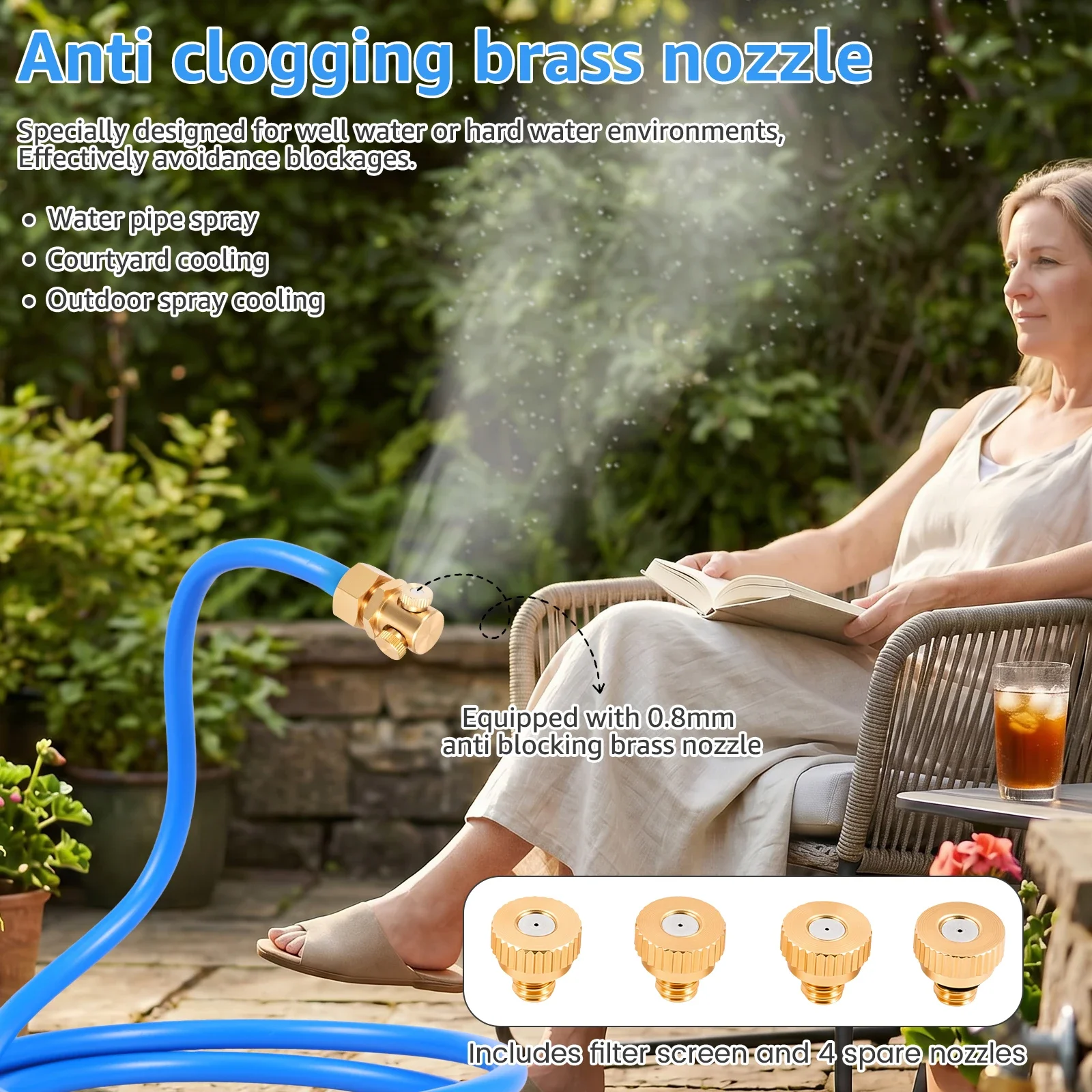 Flexible Stand Mister for Patio Cooling 3/4 Inch Brass Base Outdoor Misting System with 6 Brass Nozzles for Trampoline Garden