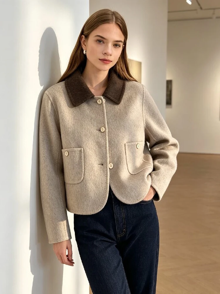 Women Vintage Contrast Color Collar Wool Blend Cropped Jacket Button Front Patch Pocket Long Sleeve Lady Casual Daily Outerwear