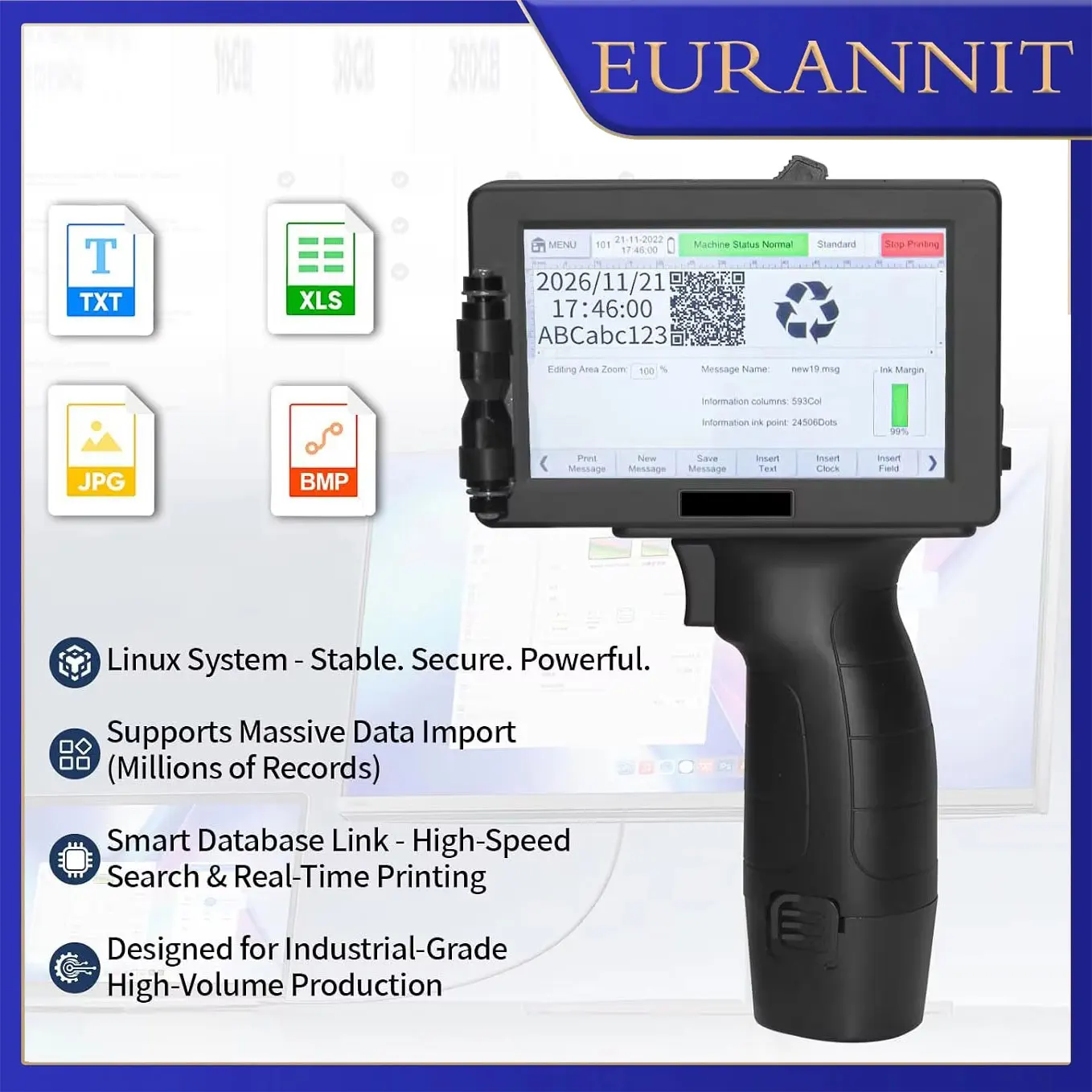 EURANNIT DC100T 12.7mm Handheld Printer Inkjet Printer Image Batch Number Barcode Logo Label TIJ Coding Mahine