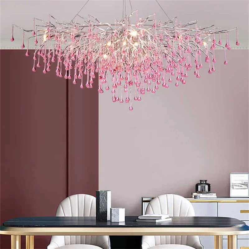 

New Pink Crystal Chandelier Children's Room Decoration Water Drop Ceiling Indoor Decor Luxury Living Fixture