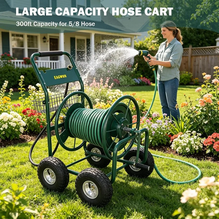 Upgrade Hose Reel Cart, 4-Wheel Heavy Duty Steel Garden Hose Cart, Holds Up to 300 ft 5/8'' Hose, with Hose Guide and Storage B