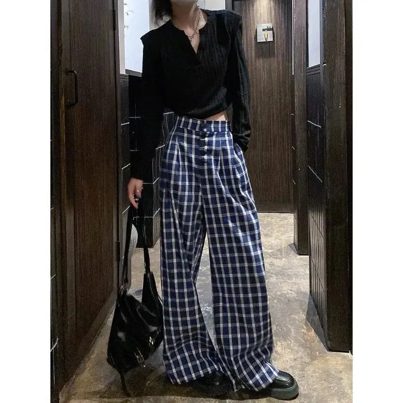 2025 New Spring Retro Blue Plaid Button Pants Women High Waisted Casual Female Students Loose Niche Floor Length Wide Leg Pants