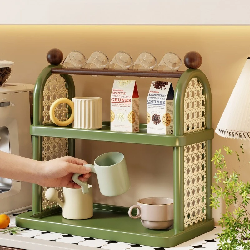 2 Tier Vintage Rattan Cup Storage Rack Countertop Coffee Mug Organizer with Glass Holder for Kitchen Bar Kitchen Organizer view 2