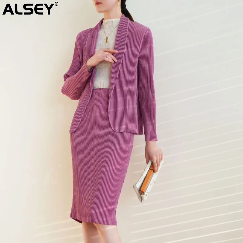 

ALSEY Miyake Pleated Casual Fashion One-button Blazer Two-piece Set Fall Winter Spring New Temperament Commuter Half-skirt