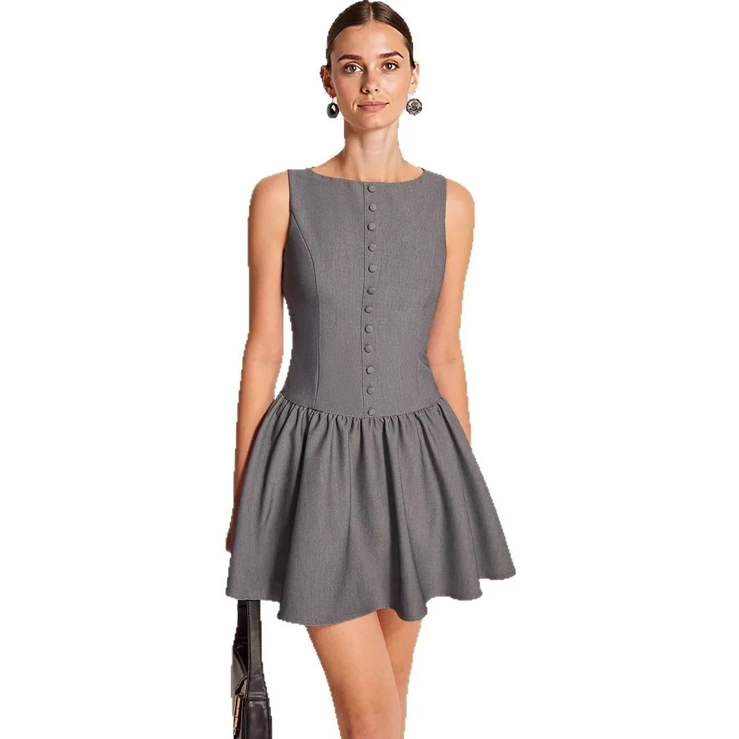 2025 Summer New Women Sleeveless Casual Button A-line Skirt with Lotus Leaf Edge Elegant Mini Female Vestidos