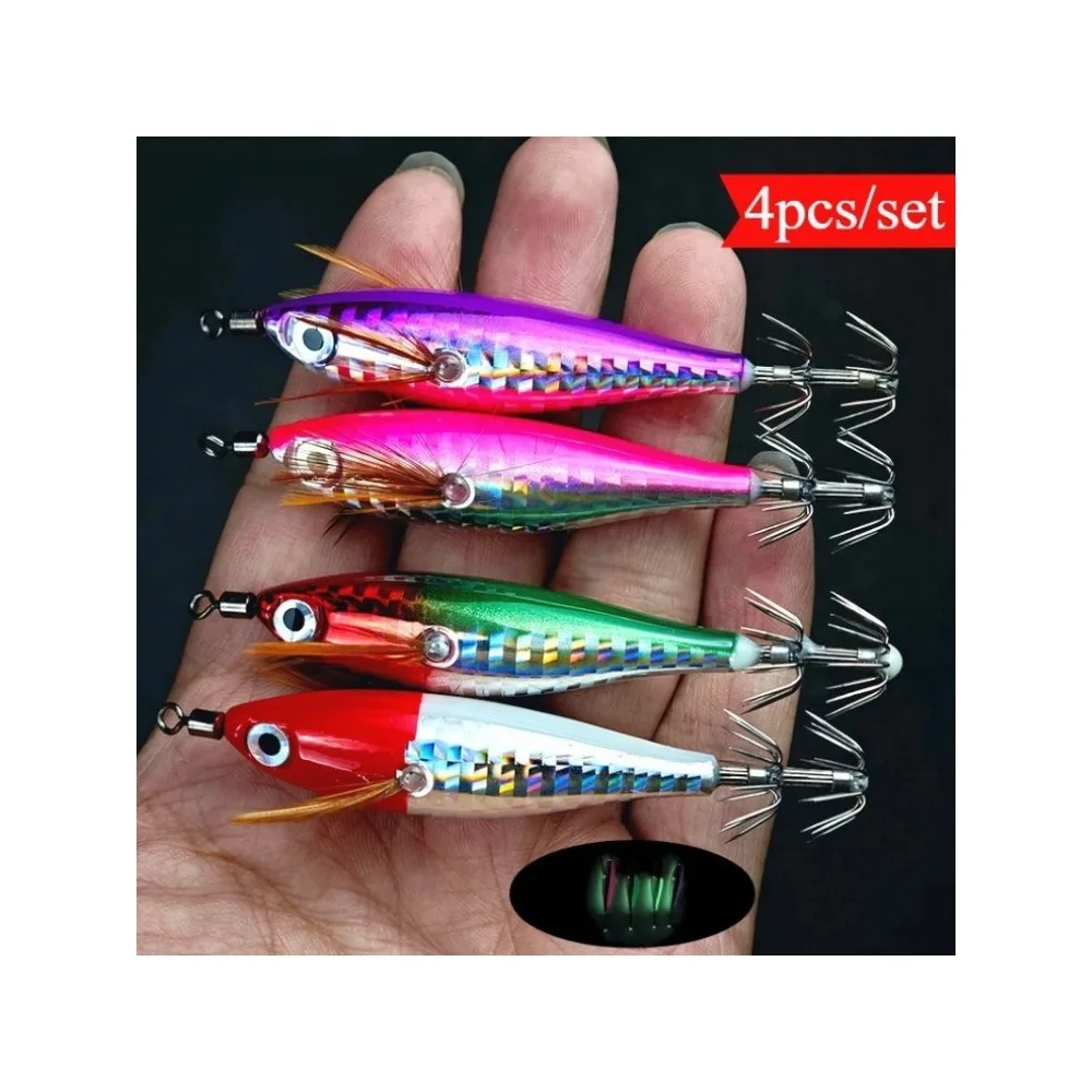 4pcs Horizontal Glow Sea Shrimp Jig Lures Luminous Squid Jigs For Octopus Cutlassfish Saltwater Fishing Tackle
