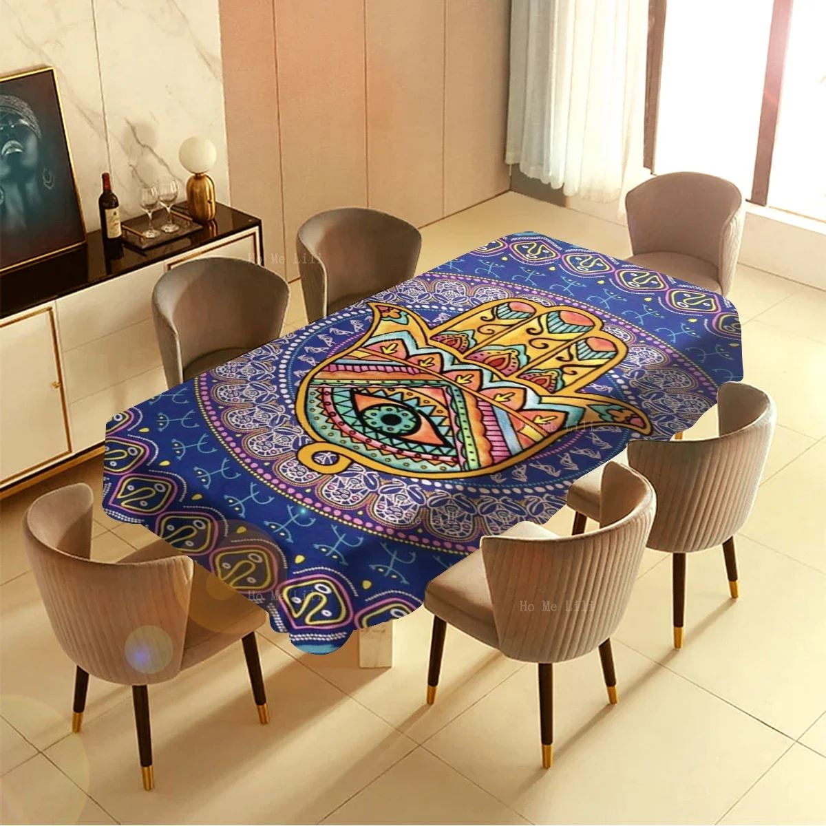 Psychedelic Art Mandala Hamsa Hand Eye Hippie Hindu Spiritual Floral Rectangular Tablecloth By Ho Me Lili For Tabletop Decor