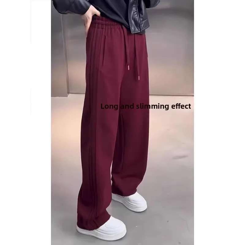 حجم كبير الرجال السراويل الساق المستقيمة Thiened Fce الخريف الشتاء الدافئة بناطيل كاجوال اللون الأحمر ألياف البوليستر السراويل الطويلة